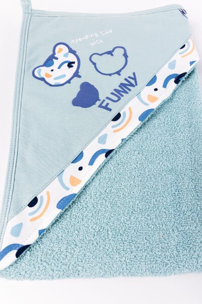 Ayıcık Figürlü 4 Parça Pamuklu Bebek Havlu Bornoz Seti SU YEŞİLİ - 0-18 Ay