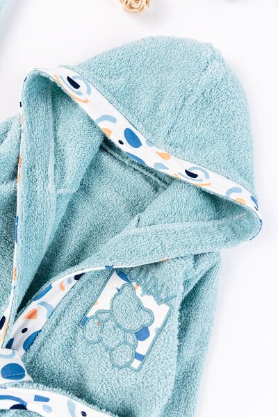 Ayıcık Figürlü 4 Parça Pamuklu Bebek Havlu Bornoz Seti SU YEŞİLİ - 0-18 Ay