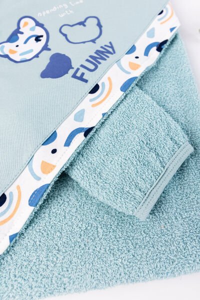 Ayıcık Figürlü 4 Parça Pamuklu Bebek Havlu Bornoz Seti SU YEŞİLİ - 0-18 Ay