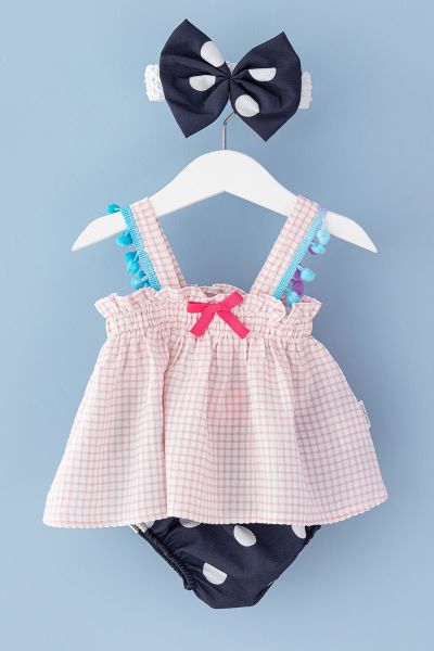 Kız Bebek Elbise Puantiye Bandanalı Üçlü Elbise Seti
