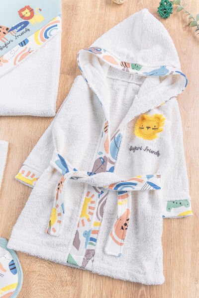 Safari Temalı 4 Parça Pamuklu Bebek Havlu Bornoz Seti SU YEŞİLİ - 0-18 Ay