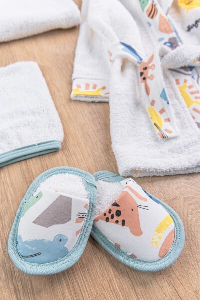 Safari Temalı 4 Parça Pamuklu Bebek Havlu Bornoz Seti SU YEŞİLİ - 0-18 Ay