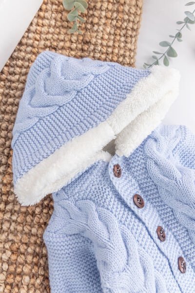 Triko Örme Welsoft Astarlı Kapüşonlu Kışlık Bebek Tulum MAVİ - 3-6 AY