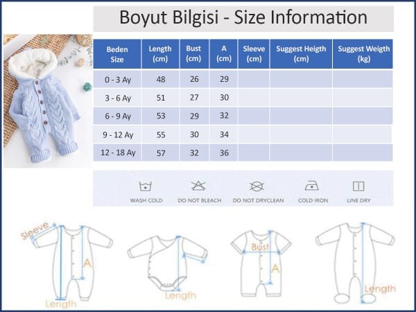Triko Örme Welsoft Astarlı Kapüşonlu Kışlık Bebek Tulum MAVİ - 3-6 AY