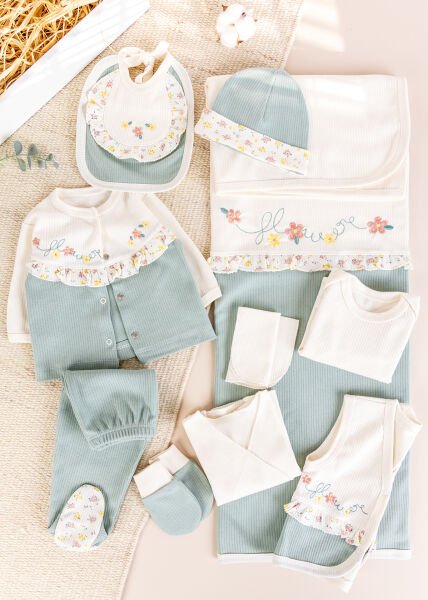 Çiçek Nakışlı Fırfırlı Pamuklu 10 Parça Kız Bebek Hastane Çıkışı Bebek Takımı