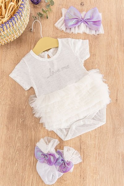 Tütü Etekli Fiyonklu Bandanalı Kız Bebek Tulum Takım