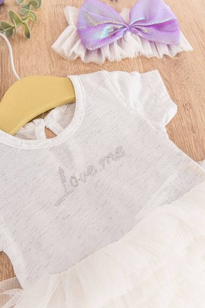 Tütü Etekli Fiyonklu Bandanalı Kız Bebek Tulum Takım