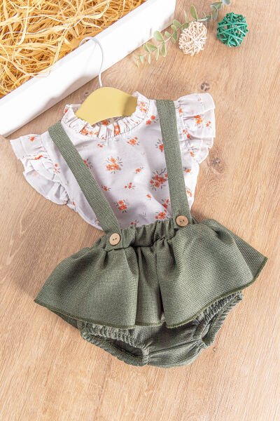 Çiçekli Gömlekli Yazlık Kız Bebek Salopet Elbise Takım YEŞİL -  9-12 AY