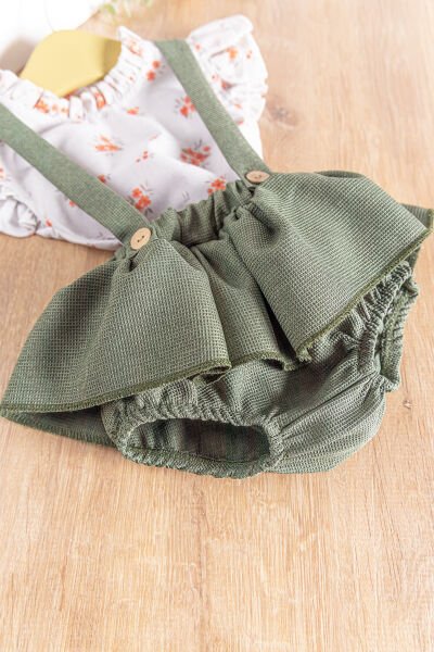 Çiçekli Gömlekli Yazlık Kız Bebek Salopet Elbise Takım YEŞİL -  9-12 AY