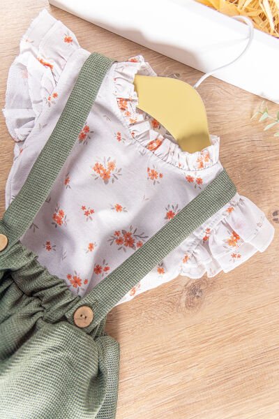 Çiçekli Gömlekli Yazlık Kız Bebek Salopet Elbise Takım YEŞİL -  9-12 AY