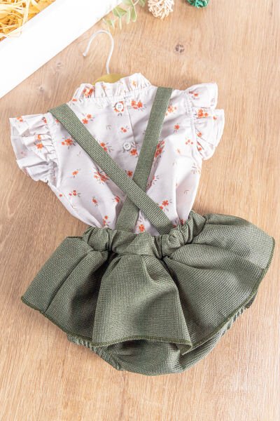 Çiçekli Gömlekli Yazlık Kız Bebek Salopet Elbise Takım YEŞİL -  9-12 AY