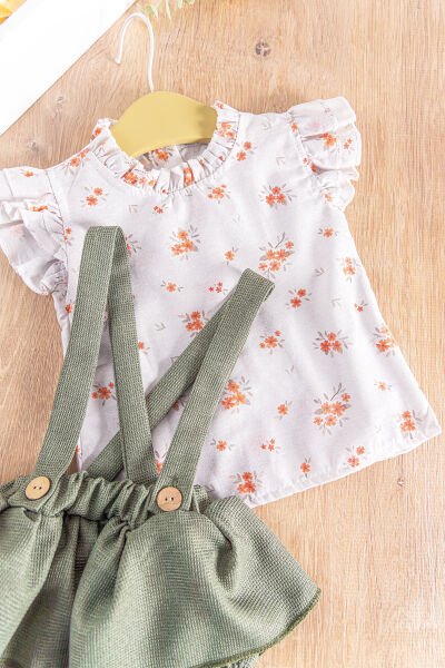 Çiçekli Gömlekli Yazlık Kız Bebek Salopet Elbise Takım YEŞİL -  9-12 AY
