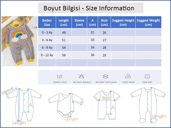 Gökkuşağı Desenli Kız/Erkek Bebek Tulum KAHVERENGİ -  0-3 AY