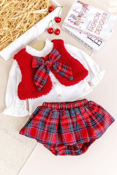 Yelekli Gömlekli 3 lü Şık Özel Gün  Kız Bebek Takım Set Kırmızı