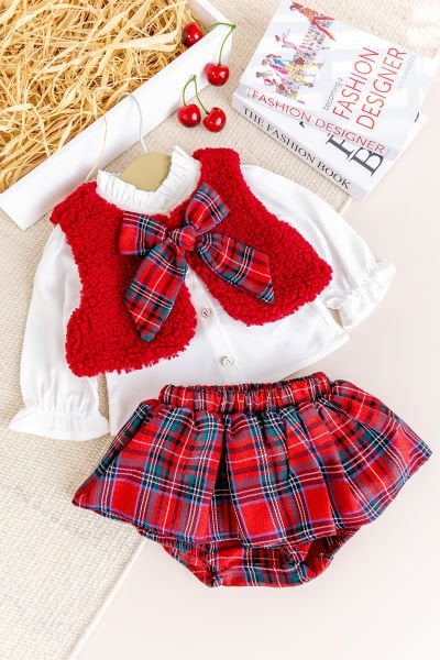 Yelekli Gömlekli 3 lü Şık Özel Gün  Kız Bebek Takım Set Kırmızı