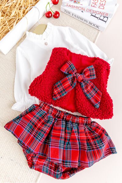 Yelekli Gömlekli 3 lü Şık Özel Gün  Kız Bebek Takım Set Kırmızı