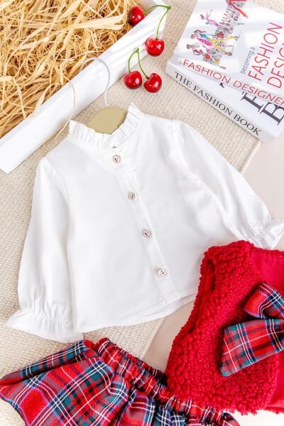 Yelekli Gömlekli 3 lü Şık Özel Gün  Kız Bebek Takım Set Kırmızı