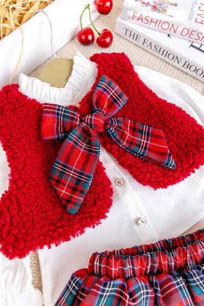 Yelekli Gömlekli 3 lü Şık Özel Gün  Kız Bebek Takım Set Kırmızı