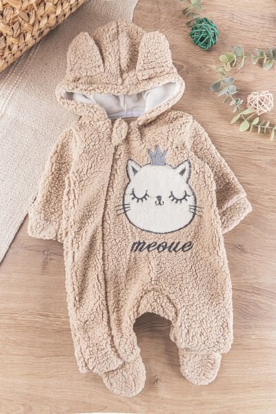 Kedi Figürlü Peluş Welsoft Kız/Erkek Bebek Tulum BEJ -  0-3 AY