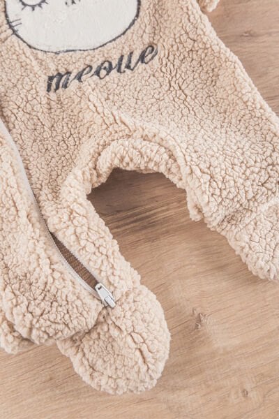Kedi Figürlü Peluş Welsoft Kız/Erkek Bebek Tulum BEJ -  0-3 AY