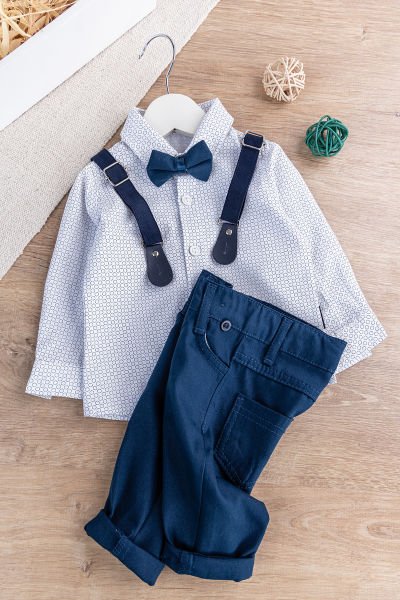 Papyonlu Pantolon Askılı Erkek Bebek Gömlek Pantolon Takım
