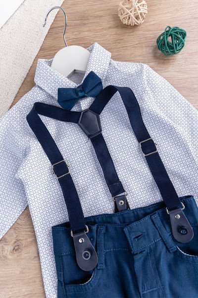 Papyonlu Pantolon Askılı Erkek Bebek Gömlek Pantolon Takım