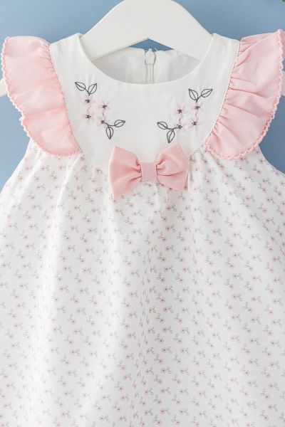 Kız Bebek Elbise Çiçek Desenli Fiyonklu Bebek Elbise