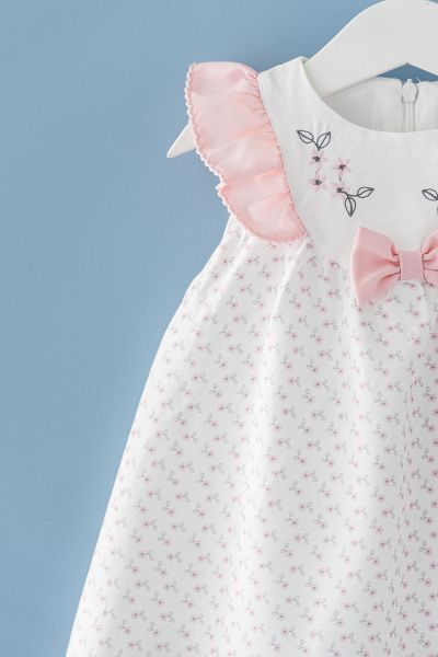 Kız Bebek Elbise Çiçek Desenli Fiyonklu Bebek Elbise