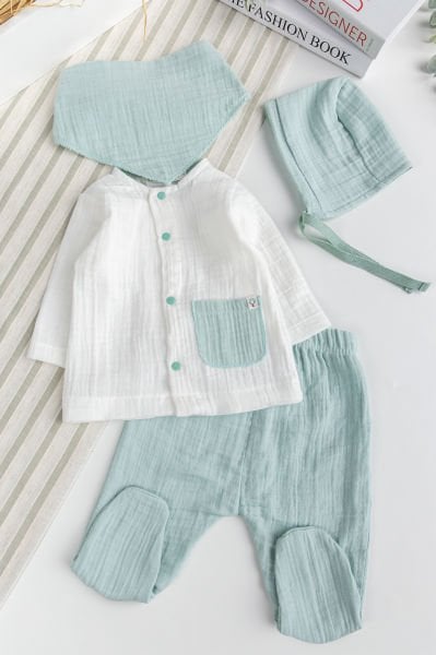 Müslin %100 Pamuk Erkek Bebek 4 Parça Takım Set Hastane Çıkışı