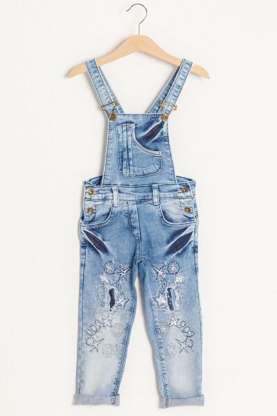 Taş İşlemeli Denim Kumaş Kız Çocuk Kot Salopet Tulum