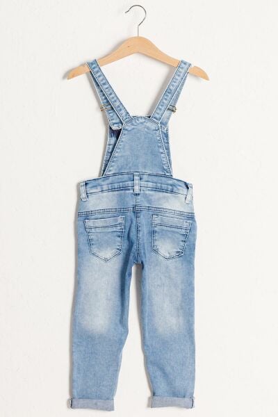 Taş İşlemeli Denim Kumaş Kız Çocuk Kot Salopet Tulum