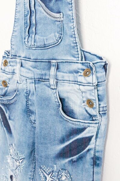 Taş İşlemeli Denim Kumaş Kız Çocuk Kot Salopet Tulum