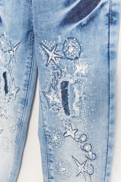 Taş İşlemeli Denim Kumaş Kız Çocuk Kot Salopet Tulum