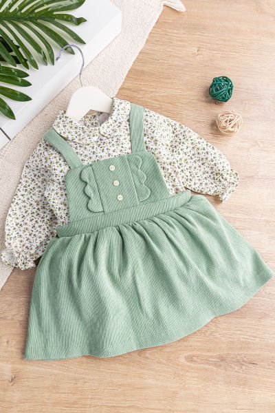 Gömlekli Kadife Kız Bebek Salopet Elbise Takım