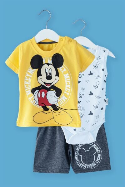 Erkek Bebek Takım Mickey Desenli Üçlü Bebek Takım