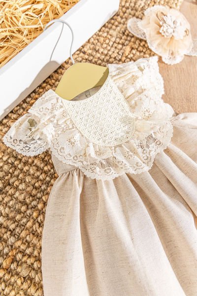 Güpür Detaylı Bandanalı Yazlık Keten Kız Bebek Elbise