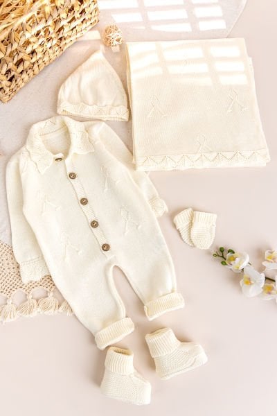Triko Kız Bebek Hastane Çıkışı  Hediyelik Bebek Seti KREM -  0-3 AY