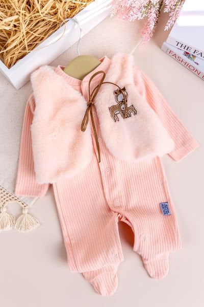 Peluş Yelekli Pamuklu İkili Kız Bebek Tulum Set