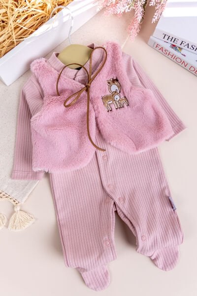 Peluş Yelekli Pamuklu İkili Kız Bebek Tulum Set