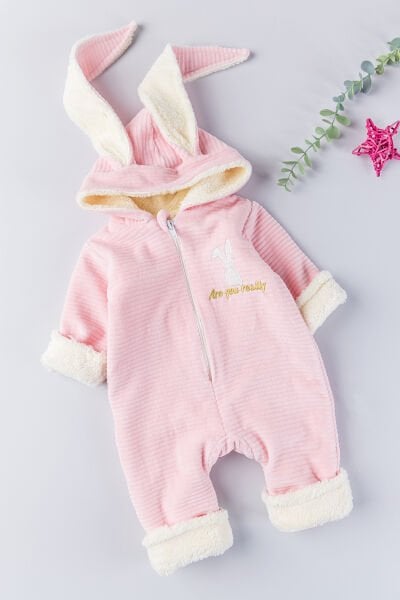 Tavşan Figürlü Kışlık Welsoft Kadife Astronot Kız/Erkek Bebek Tulum