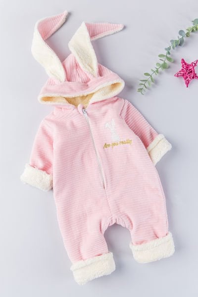 Tavşan Figürlü Kışlık Welsoft Kadife Astronot Kız/Erkek Bebek Tulum