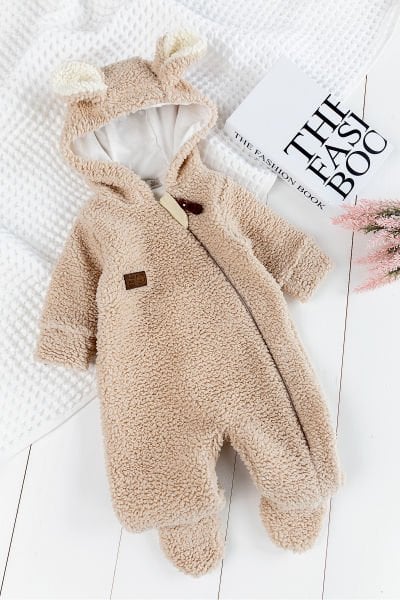 Kapüşonlu Welsoft Peluş Kışlık Kız/Erkek Bebek Tulum BEJ -  6-9 AY
