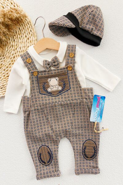 Vintage Desenli Şapkalı Erkek Bebek Tulum Salopet Takım KAHVERENGİ -  0-3 AY