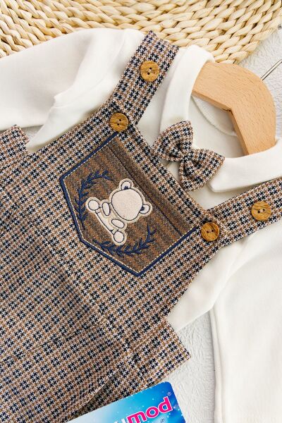 Vintage Desenli Şapkalı Erkek Bebek Tulum Salopet Takım KAHVERENGİ -  0-3 AY