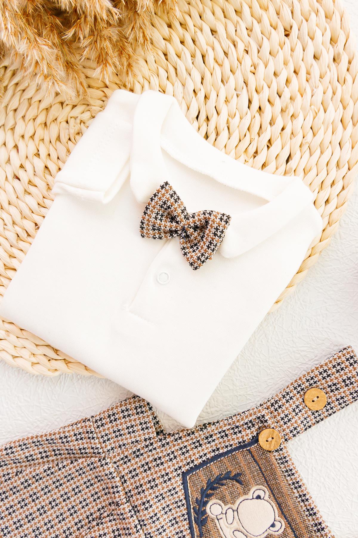 Vintage Desenli Şapkalı Erkek Bebek Tulum Salopet Takım KAHVERENGİ -  0-3 AY