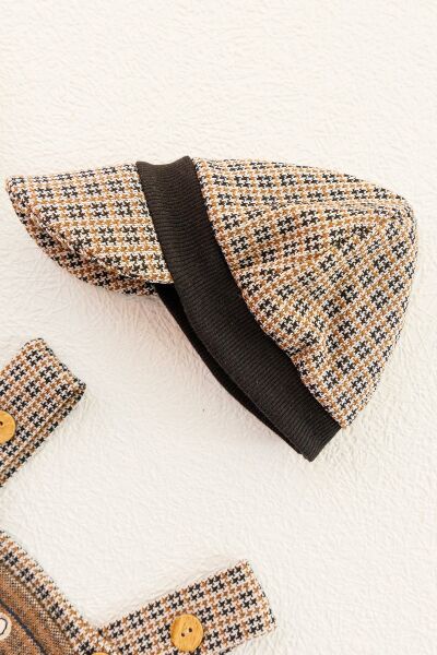 Vintage Desenli Şapkalı Erkek Bebek Tulum Salopet Takım KAHVERENGİ -  0-3 AY