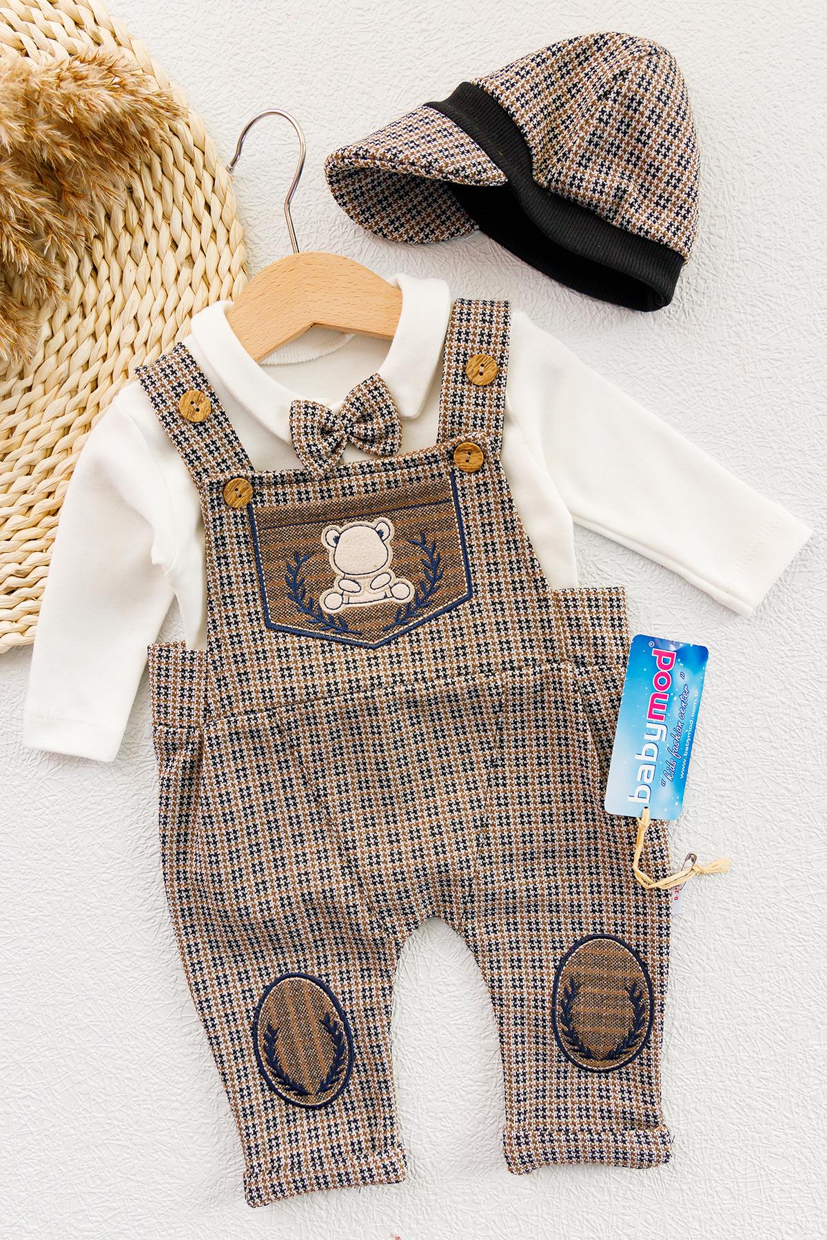 Vintage Desenli Şapkalı Erkek Bebek Tulum Salopet Takım KAHVERENGİ - 3-6 AY