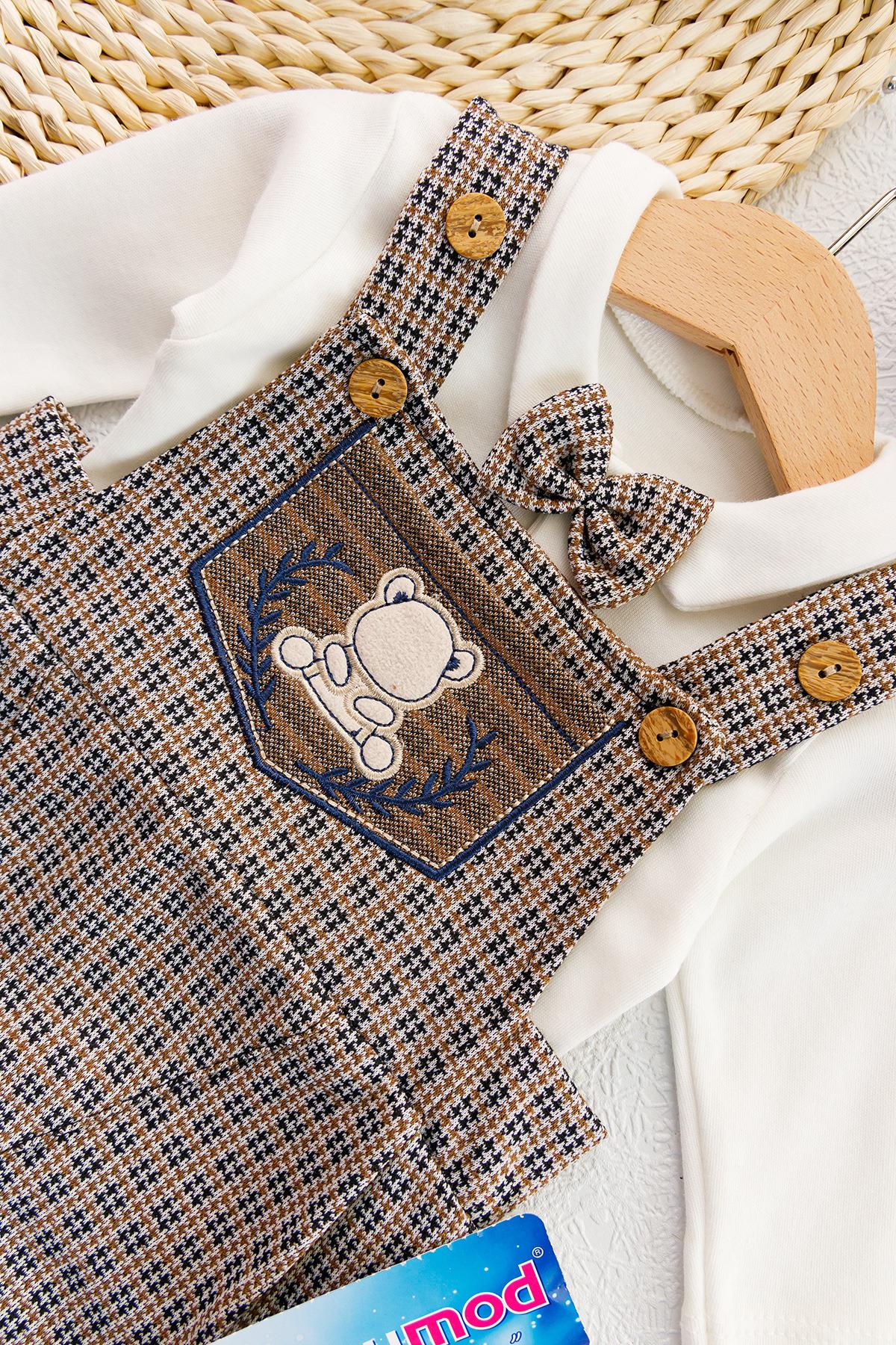 Vintage Desenli Şapkalı Erkek Bebek Tulum Salopet Takım KAHVERENGİ - 3-6 AY