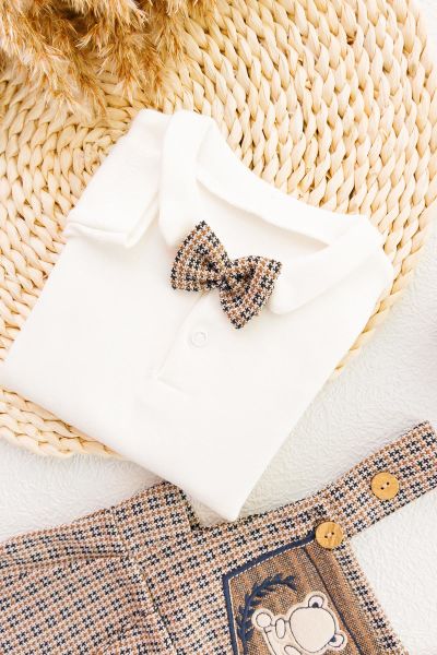 Vintage Desenli Şapkalı Erkek Bebek Tulum Salopet Takım KAHVERENGİ -  6-9 AY