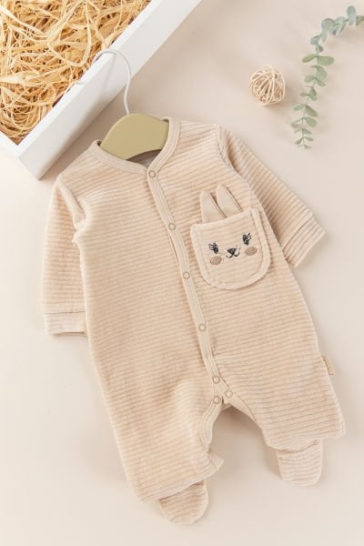 Tavşan Figürlü Unisex Kışlık Kadife Bebek Tulum BEJ - 3-6 AY